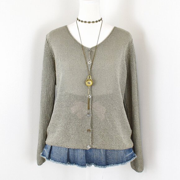 VTG 00s Y2K Anne Klein Gray Knit V-Neck Long-Sleeve Button-Up Relaxed Cardigan - Picture 1 of 7